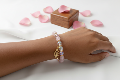 Blush Pink Leaf Charm Bracelet – Handmade Beaded Stretch Bracelet