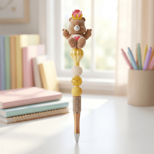 Crowned Plush Bear Beaded Pen – Cute Yellow Charm Pen with Sparkle Grip