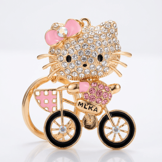 Rhinestone Kitty on Bicycle Keychain!