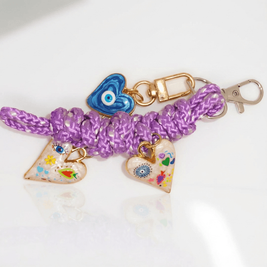 💜 Boho Heart Charm Rope Keychain with Evil Eye & Beads